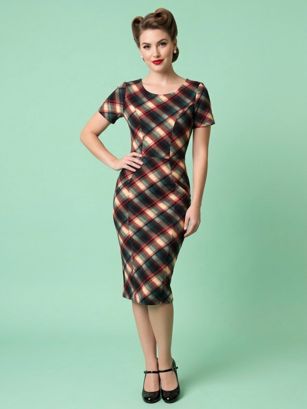 Unique Vintage Plaid Midi Wiggle Pencil Dress Red Green Rockabilly 50s Size S